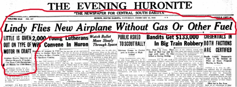 February 25, 1928 The Evening Huronite - Lindy Flies New Airplane Without Gas Or Other Fuel using Hendershot principle