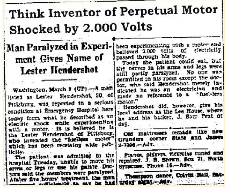 March 9, 1928 newspaper - Think Inventor of Perpetual Motor Shocked by 2,000 Volts, Lester Hendershot hospitalized