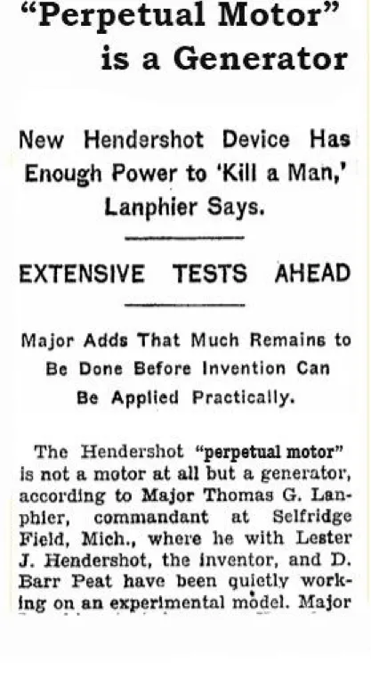 1928 newspaper - Perpetual Motor is a Generator, Major Lanphier military confirmation of Hendershot device