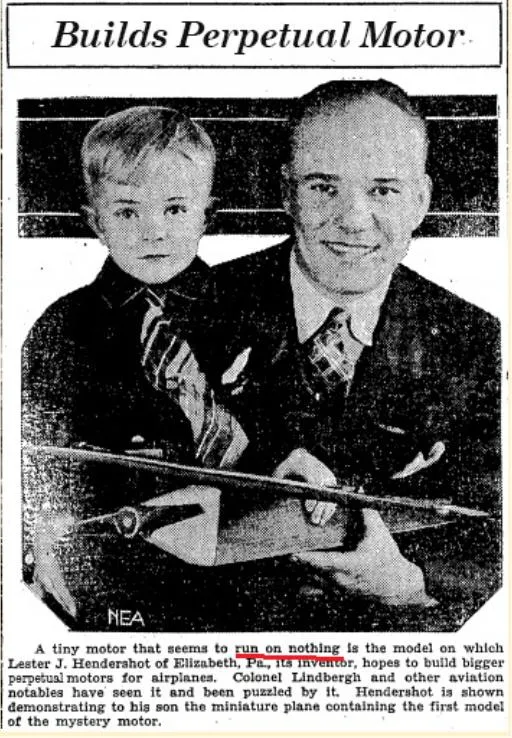 Lester J. Hendershot with his perpetual generator device demonstrating continuous magnetic induction operation in 1928